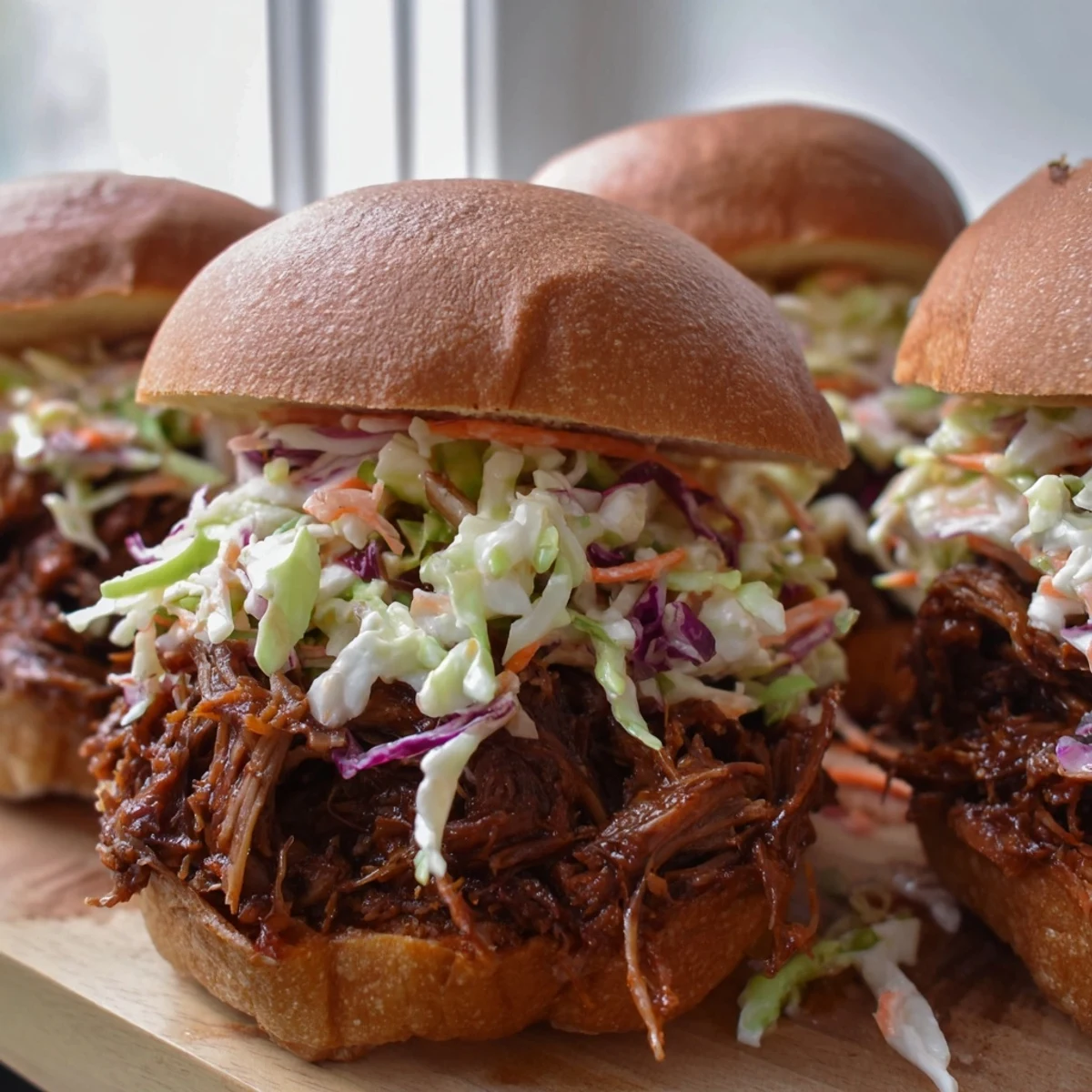Three stacked mini burgers featuring juicy smoky beef topped with colorful cabbage slaw on soft bread