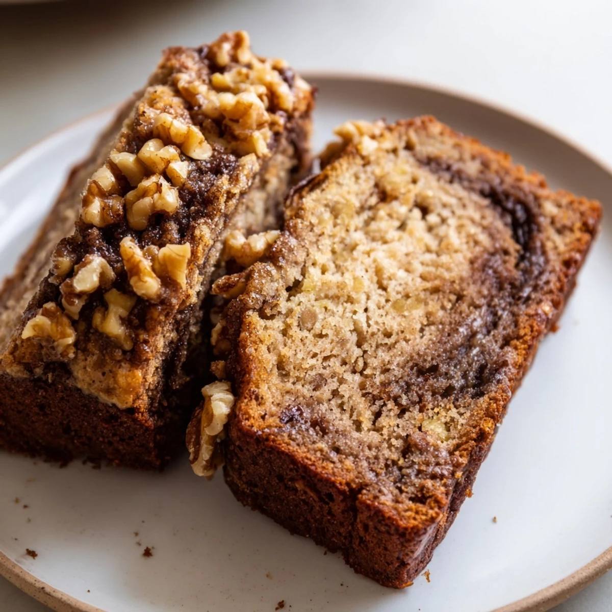 Golden brown banana nut bread with walnuts and a warm cinnamon swirl center
