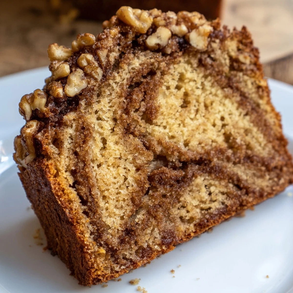 Sliced loaf of moist banana nut bread with walnuts and cinnamon sugar marbling