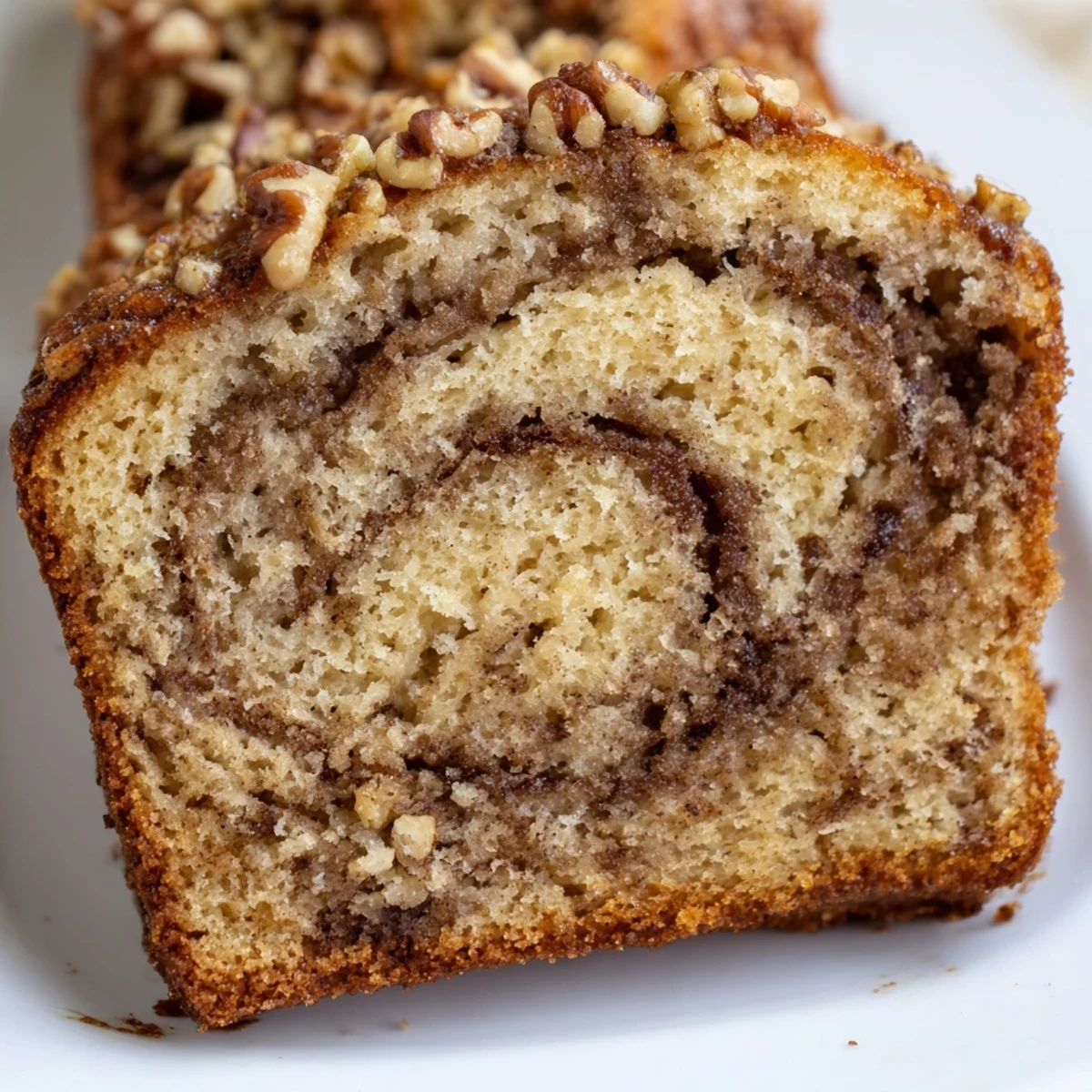 Freshly baked banana nut bread with crunchy walnuts and ribbons of sweet cinnamon
