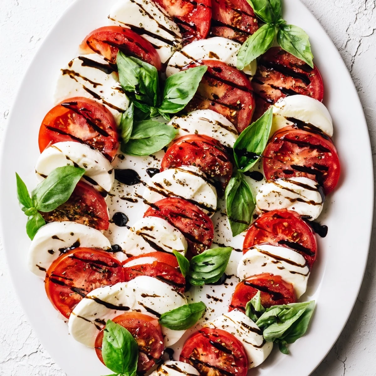 Holiday appetizer featuring Christmas candy cane Caprese salad drizzled with balsamic glaze and dotted with bright green basil leaves