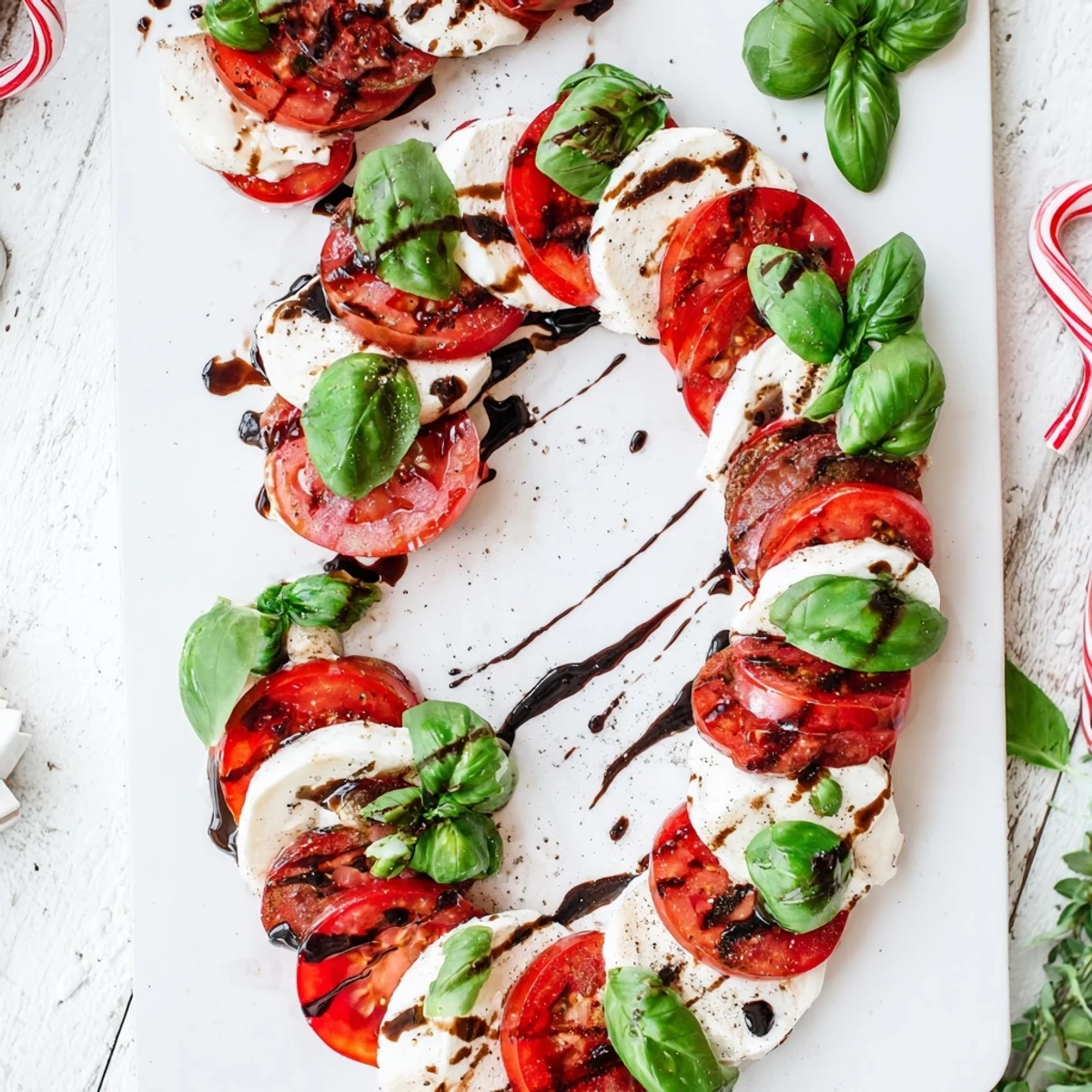 Beautiful Christmas candy cane Caprese salad displaying alternating stripes of tomato and mozzarella topped with olive oil and coarse sea salt