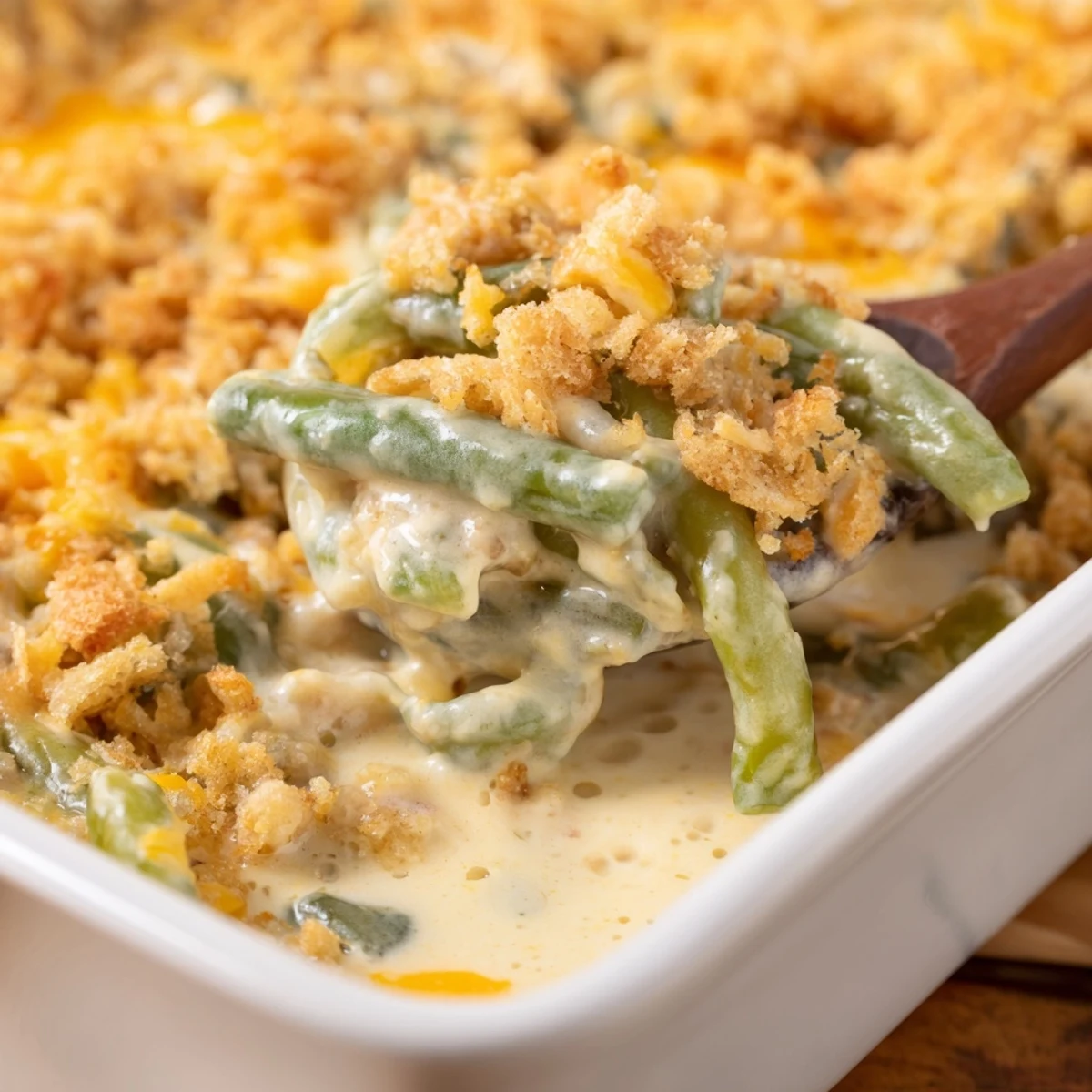Golden brown green bean casserole with buttery Ritz cracker topping bubbling in a baking dish