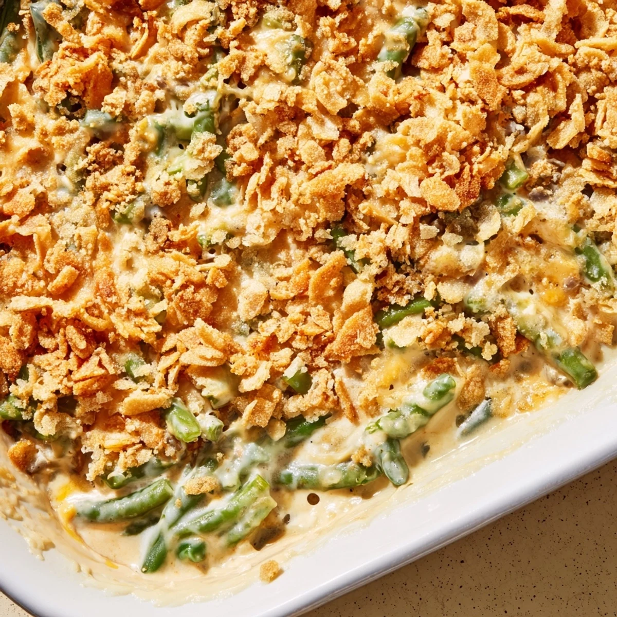 Creamy green bean casserole topped with crispy buttered Ritz crackers fresh from the oven