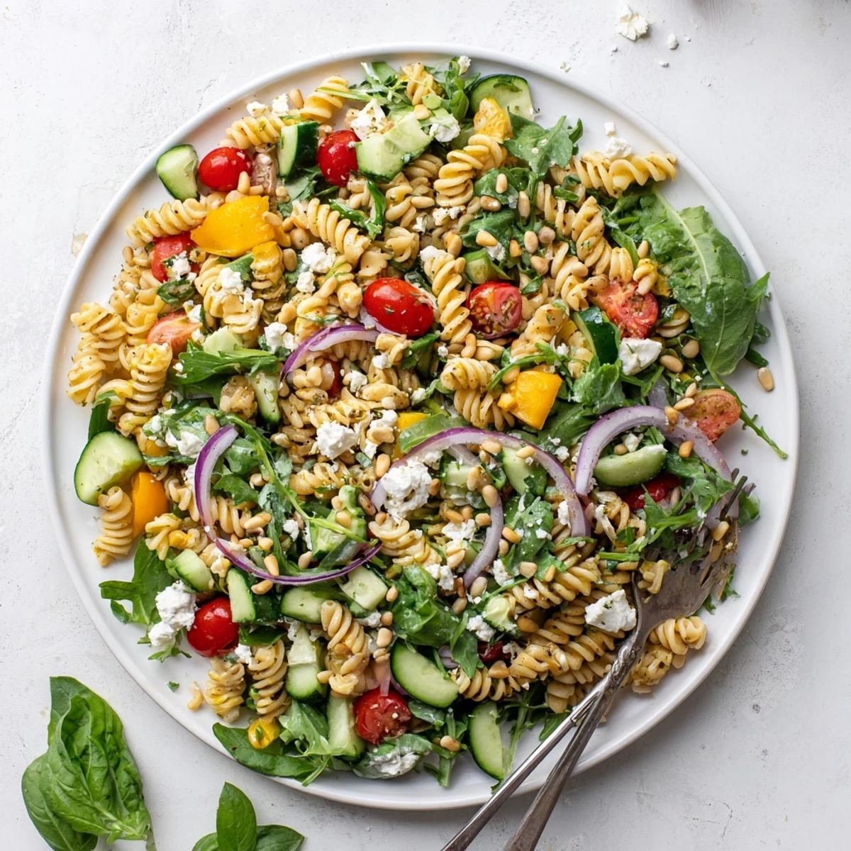 Colorful summer pasta salad with baby greens, cherry tomatoes, and crisp vegetables in a light lemon dressing