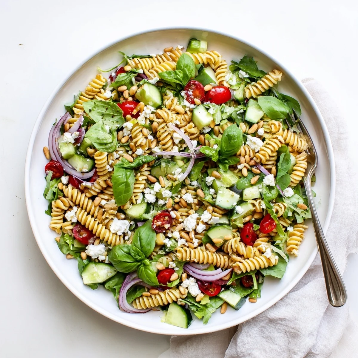 Refreshing summer pasta salad with baby greens tossed with vibrant veggies and crumbled feta cheese
