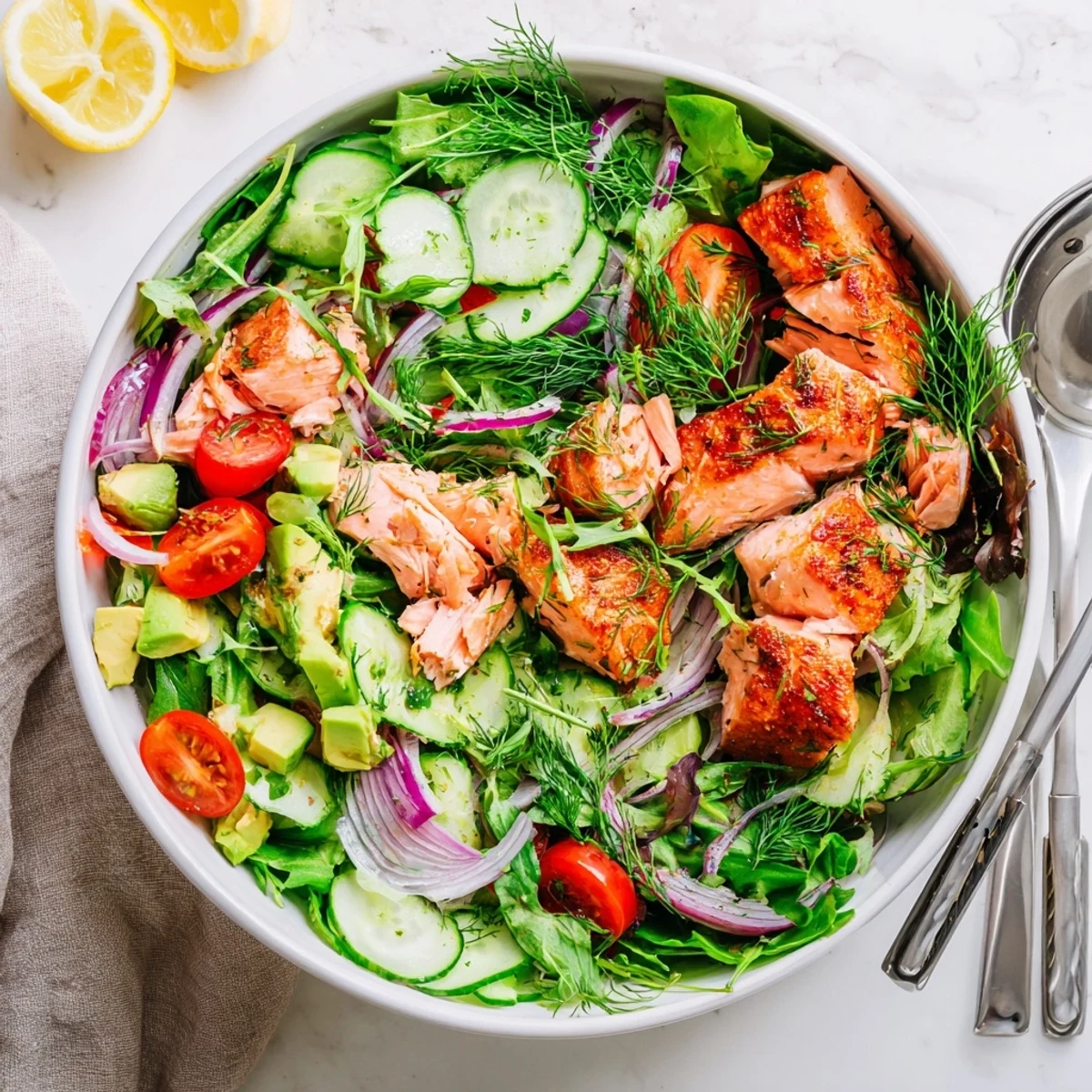 Fresh Ultimate Salmon Salad plated with golden baked salmon pieces, vibrant vegetables, chopped dill, and tangy honey lemon dressing for a nutritious gluten-free meal