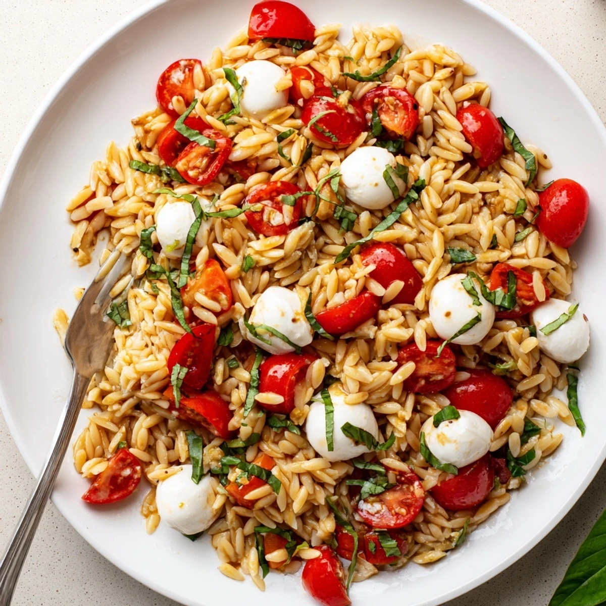 Colorful Caprese Orzo Pasta Salad with juicy cherry tomatoes and fresh mozzarella in a white serving bowl