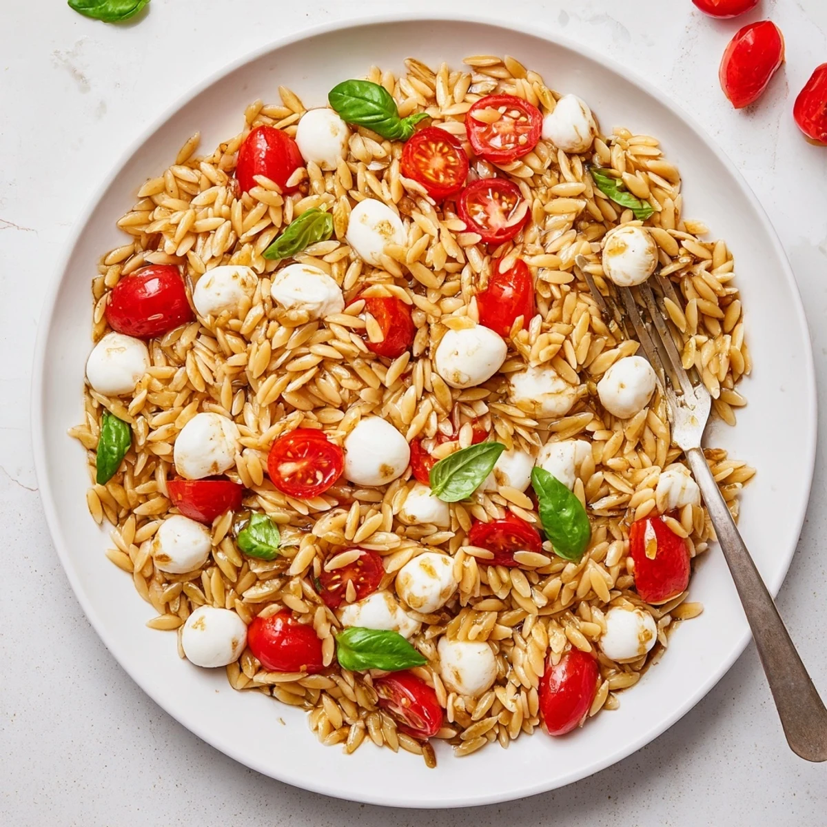 Close-up of Caprese Orzo Pasta Salad featuring tender orzo, halved tomatoes, and creamy mozzarella balls garnished with basil