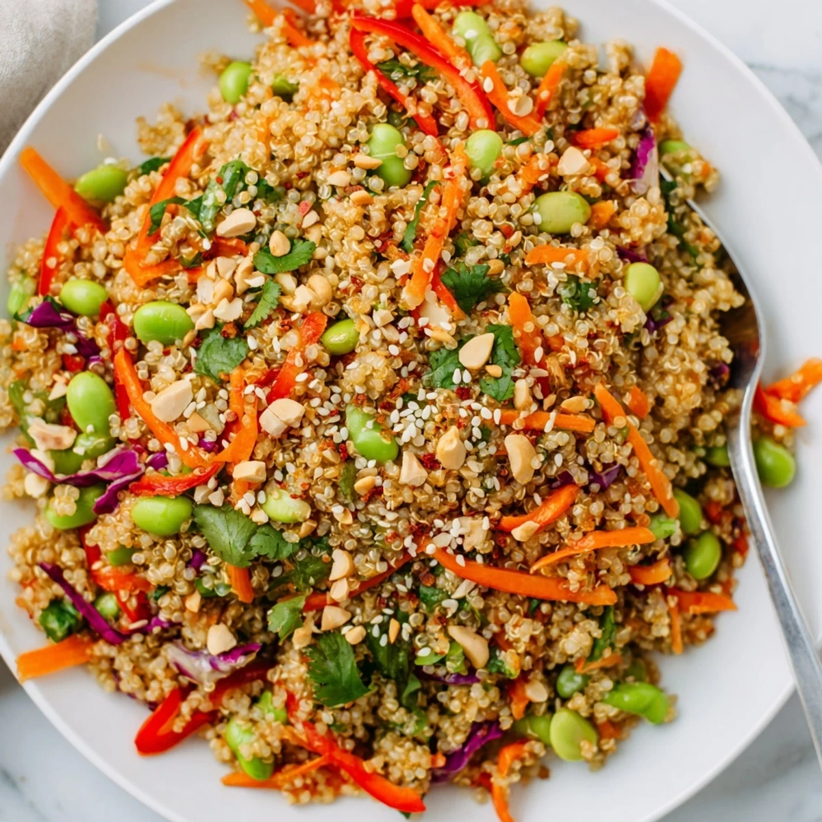 Serve Asian Dressing Quinoa Salad chilled or warm, topped with chopped peanuts