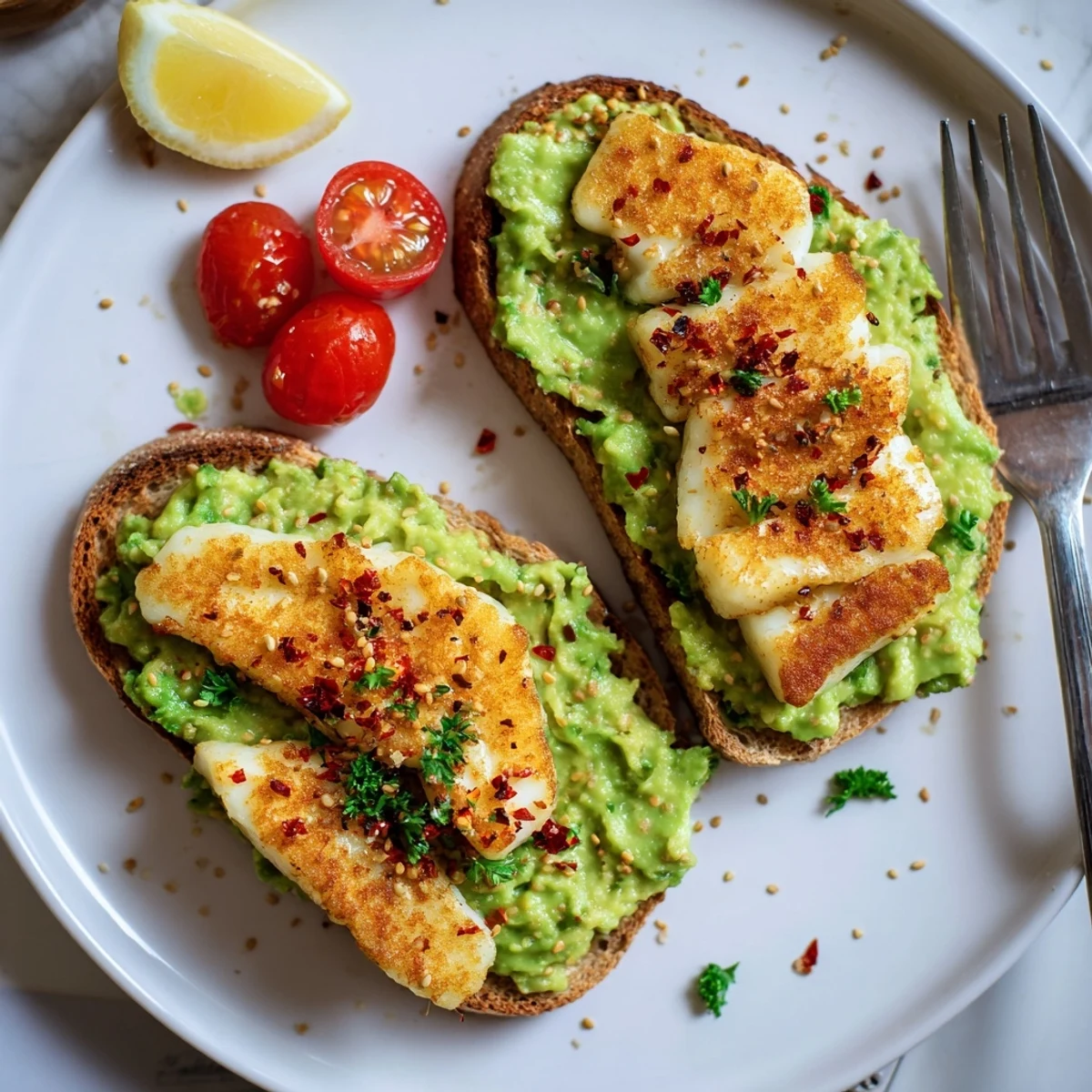 Crispy Halloumi Avocado Toast Recipe with golden cheese, creamy avocado, toasted sourdough