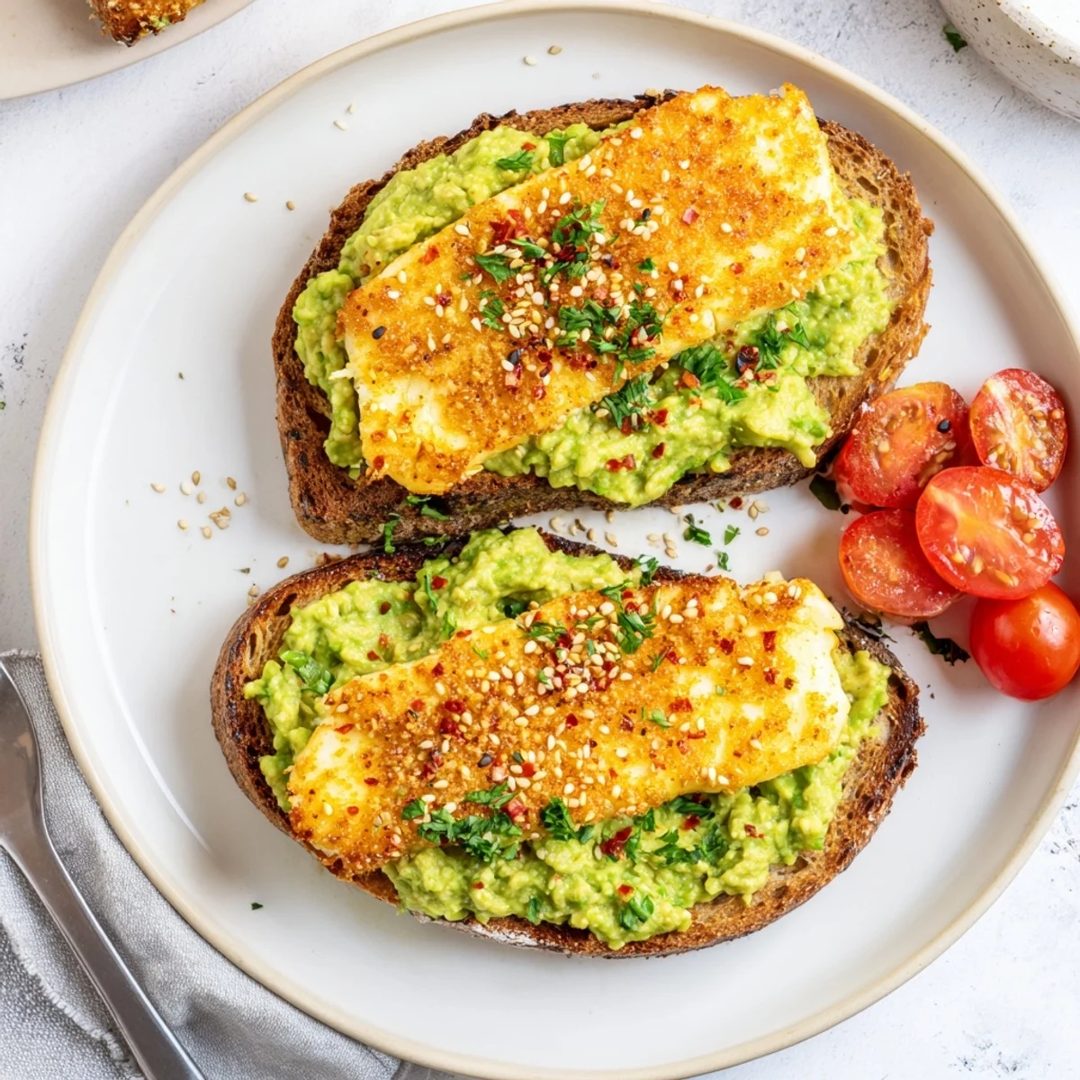 Warm, zesty Crispy Halloumi Avocado Toast Recipe topped with herbs and tomatoes