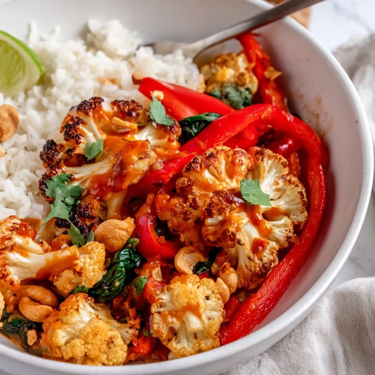 Bright Roasted Cauliflower Red Curry Rice with caramelized edges and lime wedges