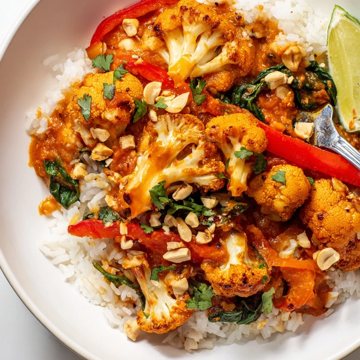 Roasted Cauliflower Red Curry Rice steaming on a platter, garnished with cilantro