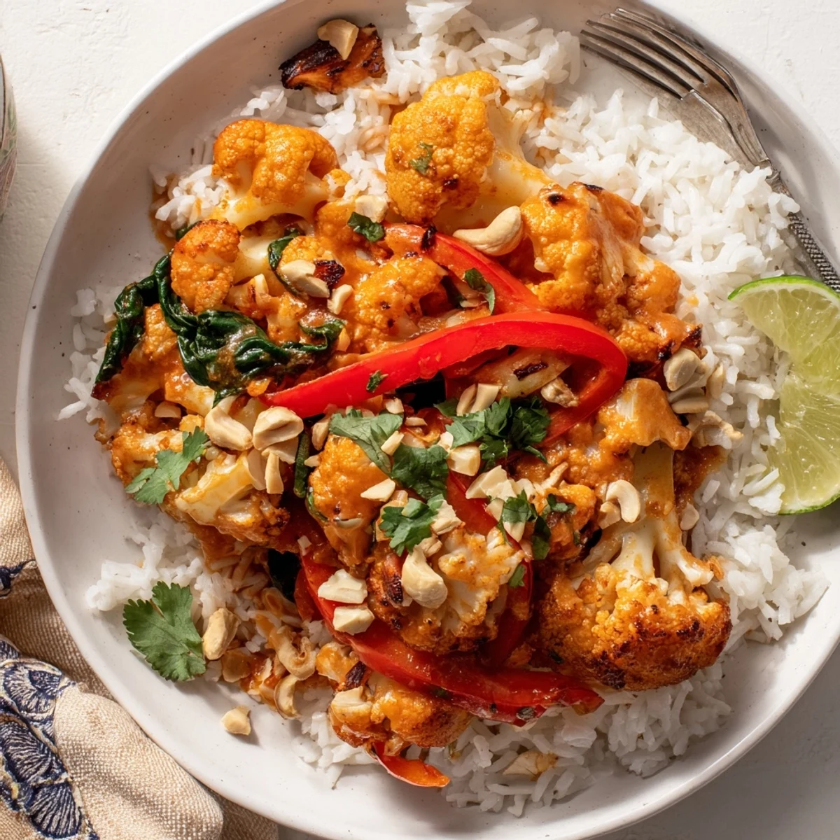 Creamy red coconut sauce coating Roasted Cauliflower Red Curry Rice, topped with toasted cashews