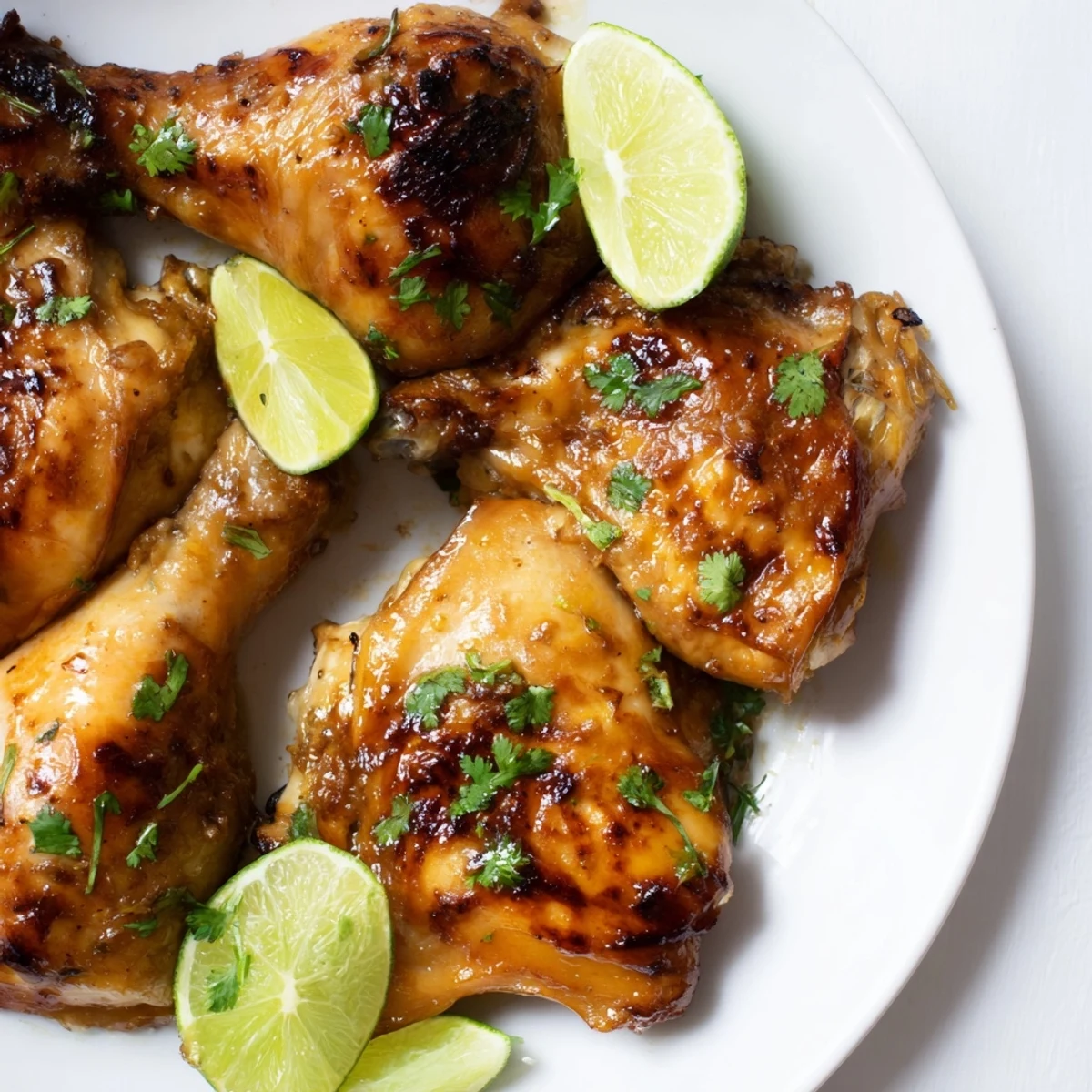 Golden roasted Ina Garten Indonesian Chicken with crispy glazed skin and fresh cilantro garnish on a white serving platter