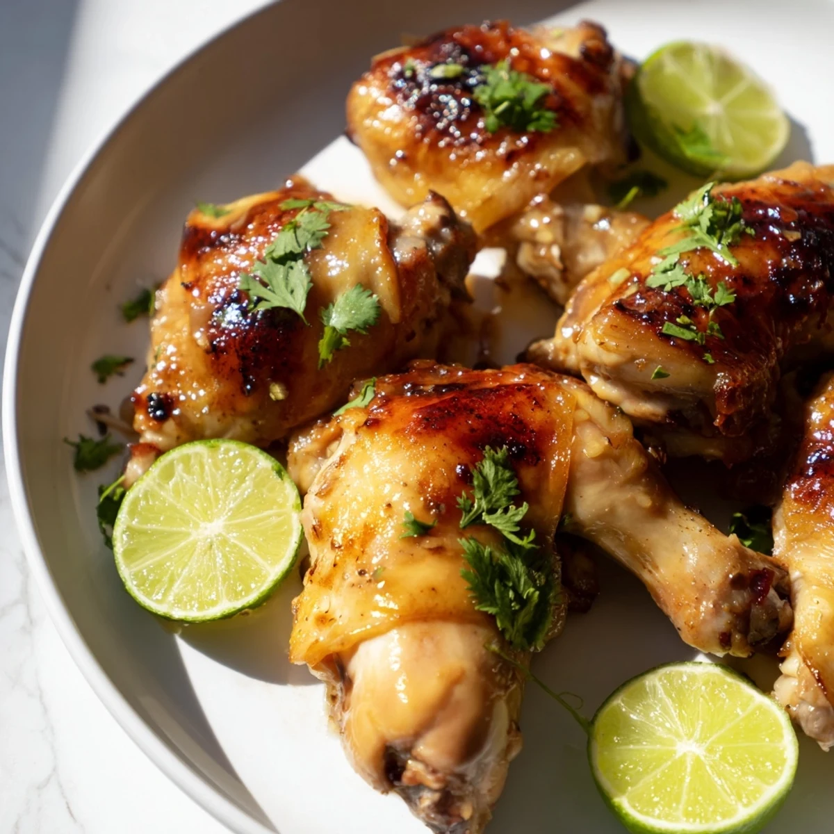 Tender coconut milk marinated chicken pieces basted with aromatic spices alongside lime wedges and steamed jasmine rice
