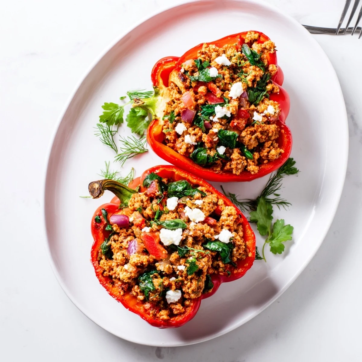 Golden brown stuffed bell peppers filled with seasoned ground chicken and crumbled feta cheese