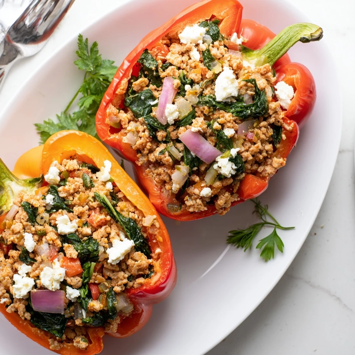 Tender baked Greek stuffed peppers topped with melted feta and fresh aromatic herbs