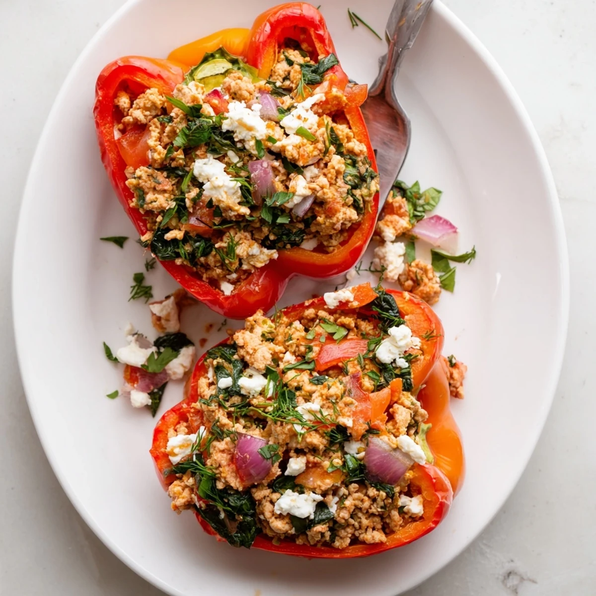 Colorful bell peppers overflowing with savory Mediterranean chicken mixture and diced tomatoes