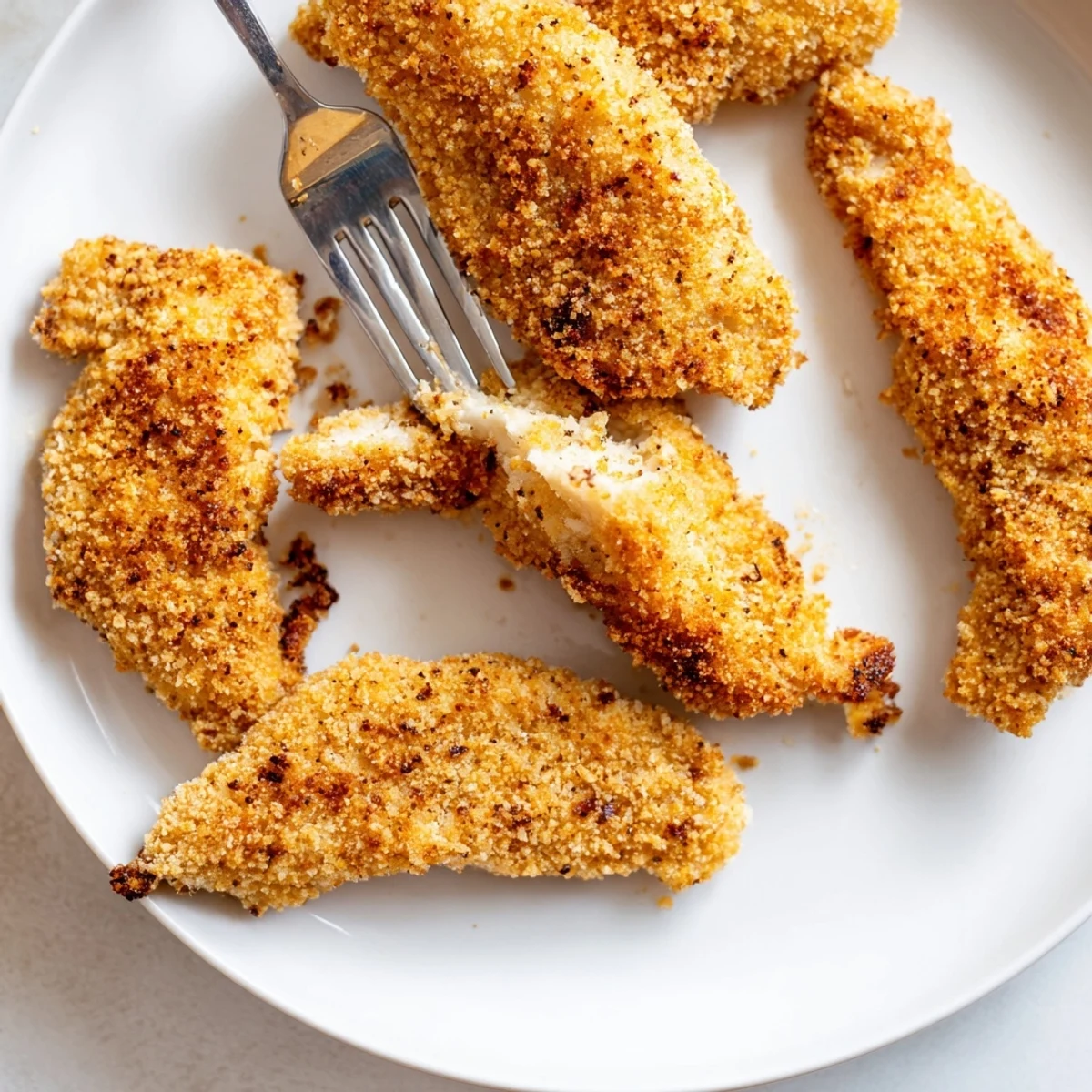 Golden brown air fryer chicken tenders with crispy panko coating served on white plate