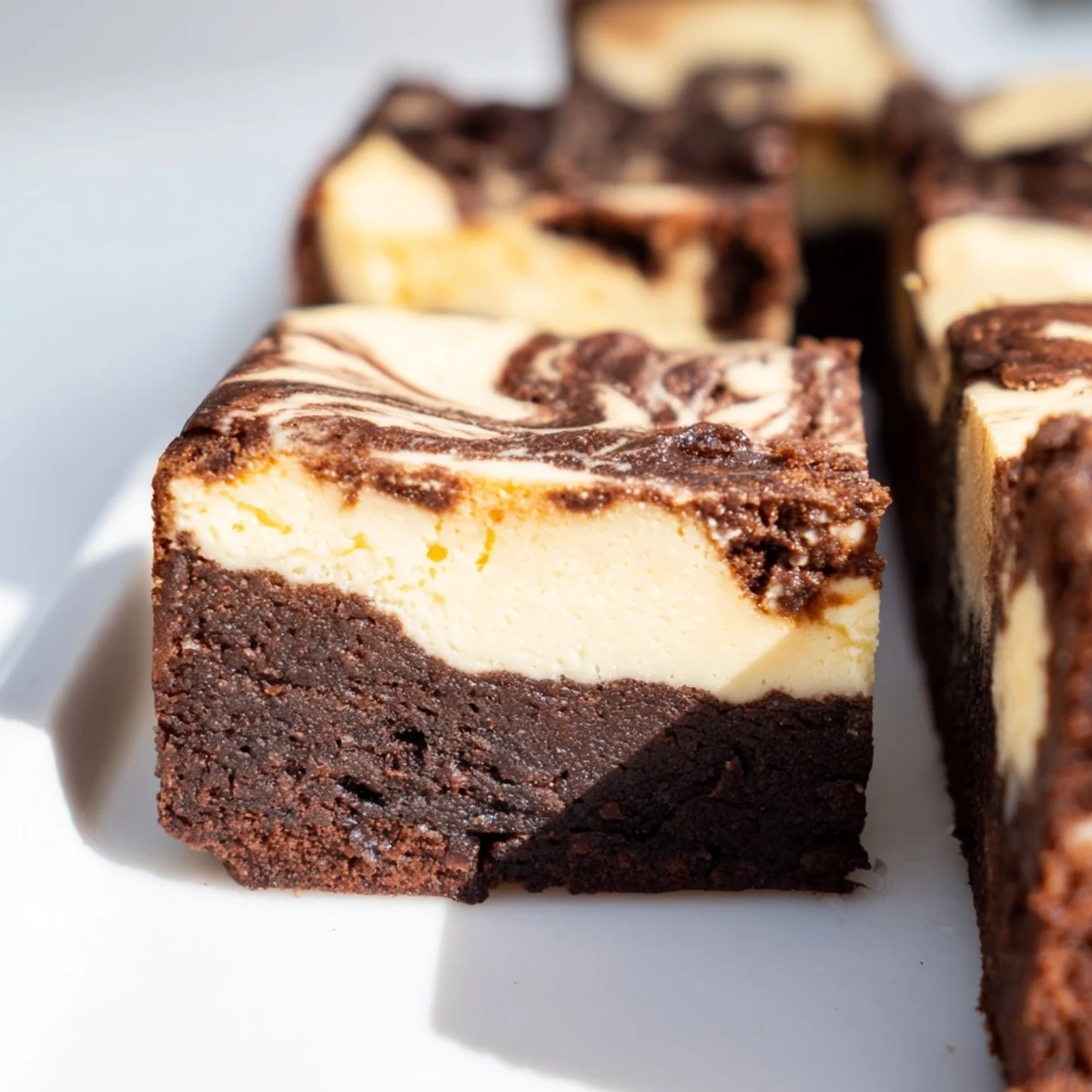 Sliced sourdough cheesecake brownie bars showing marbled chocolate and vanilla cheesecake pattern