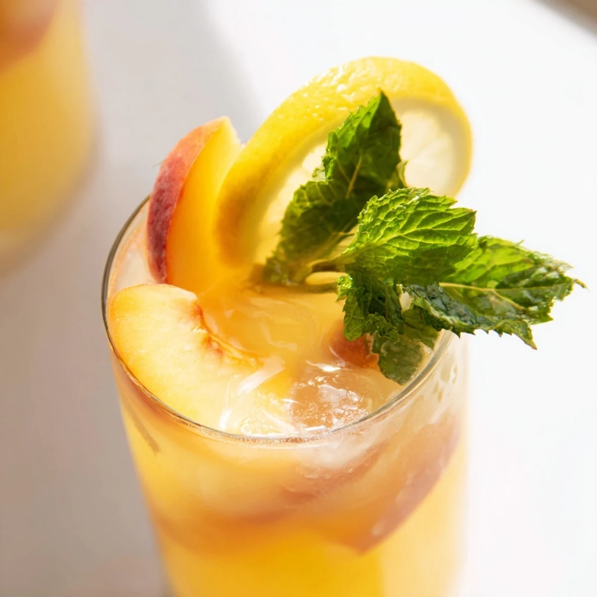 Fresh peach lemonade in a clear glass with peach slices and mint garnish on a sunny wooden table.
