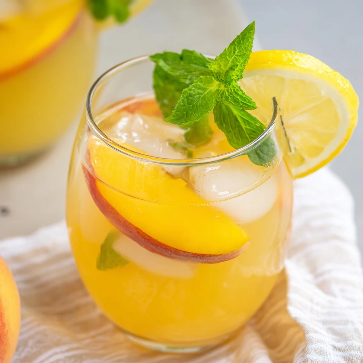 Vibrant fresh peach lemonade pitcher served with ice, garnished with mint leaves and citrus slices on white background.