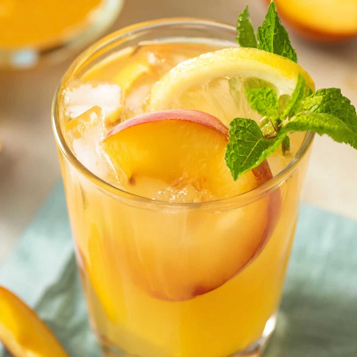 Golden peach lemonade drink with ice cubes, fresh lemon wedges, and floating peach pieces in a mason jar.