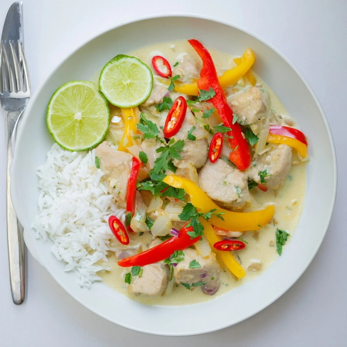 Golden spicy Brazilian coconut chicken pieces swimming in rich creamy sauce with colorful bell pepper slices