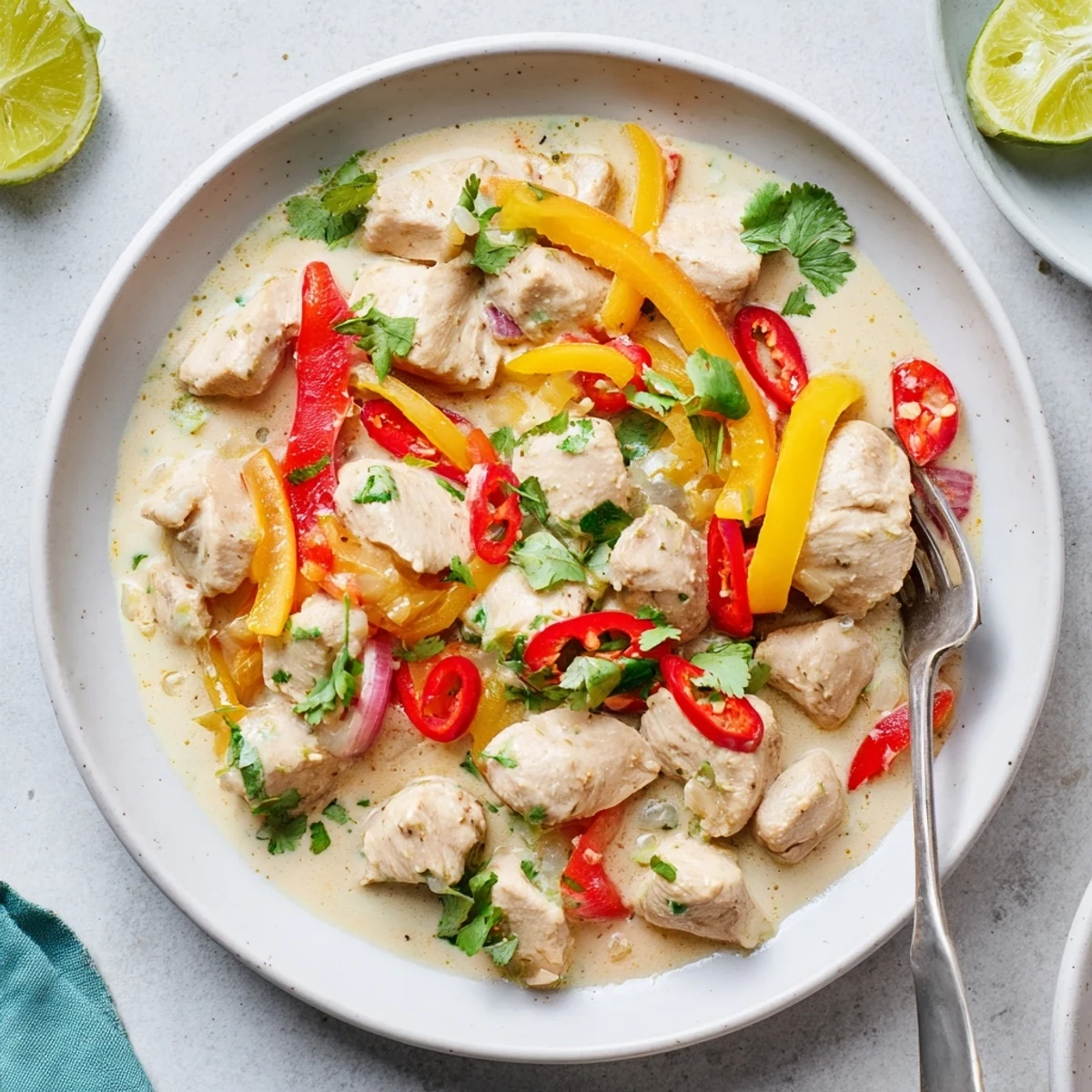 Tender chicken thighs simmered in aromatic coconut milk broth garnished with fresh cilantro and lime wedges