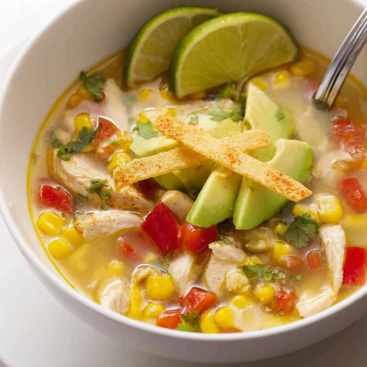 Hearty bowl of Bold Zesty Chicken Lime Soup Recipe with sliced avocado