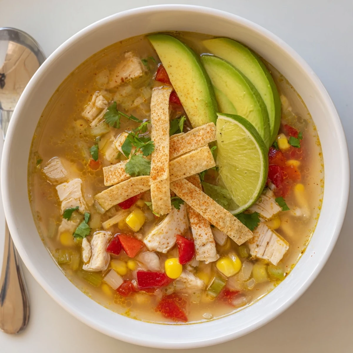 Citrusy, spicy spoonful from Bold Zesty Chicken Lime Soup Recipe, served with lime