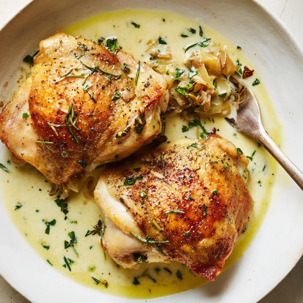 Oven-roasted Creamy Garlic Chicken Thighs With Herbs, golden skin and fragrant garlic