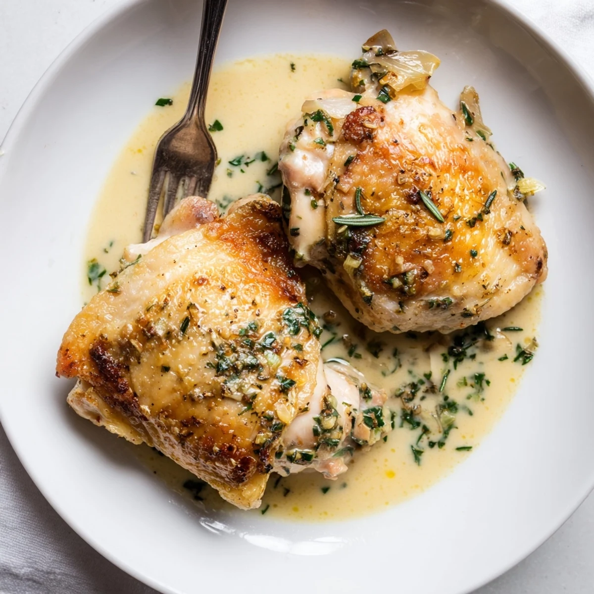 Creamy Garlic Chicken Thighs With Herbs glistening in sauce, rosemary-scented, served with bread