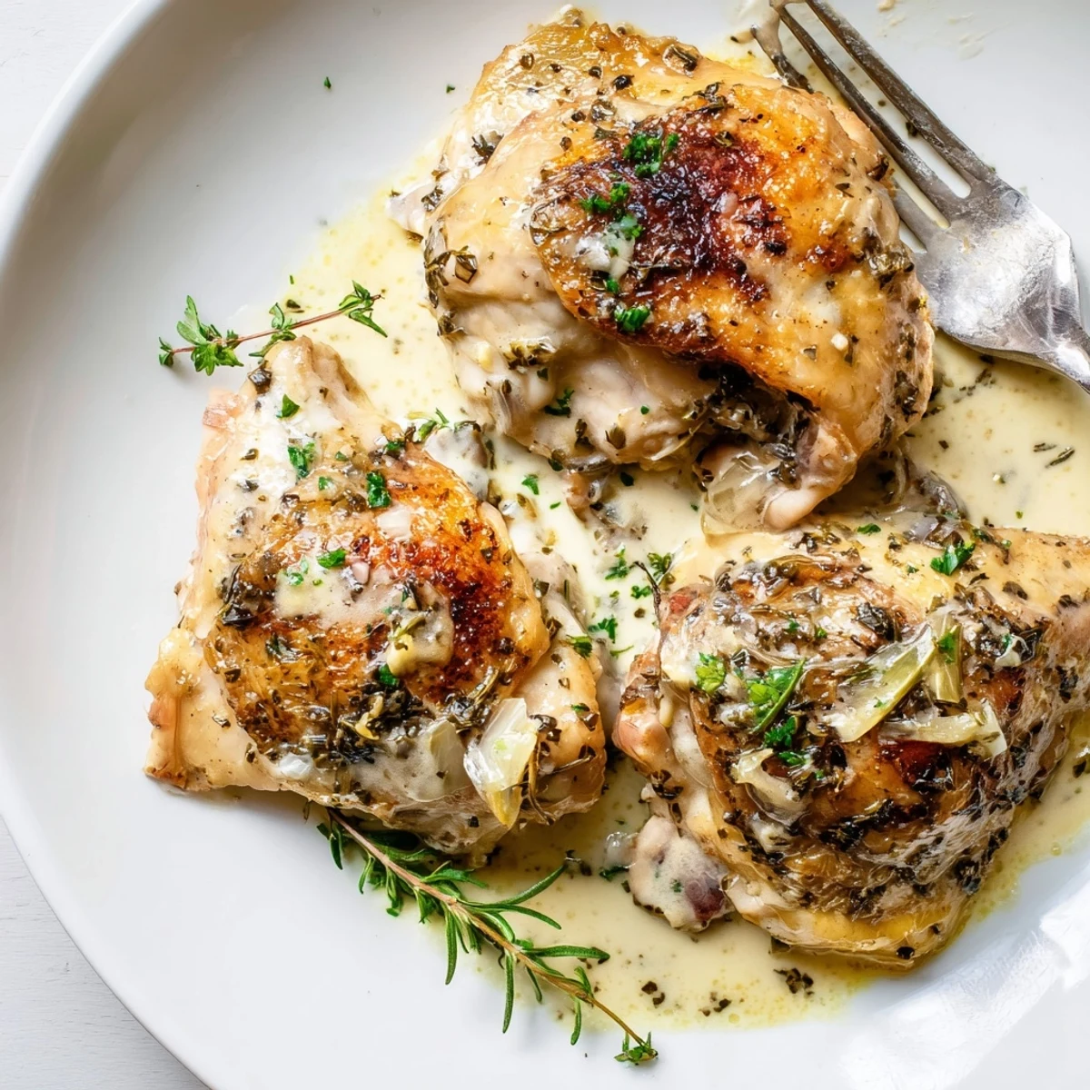 Family-style Creamy Garlic Chicken Thighs With Herbs atop mashed potatoes, silky herb sauce