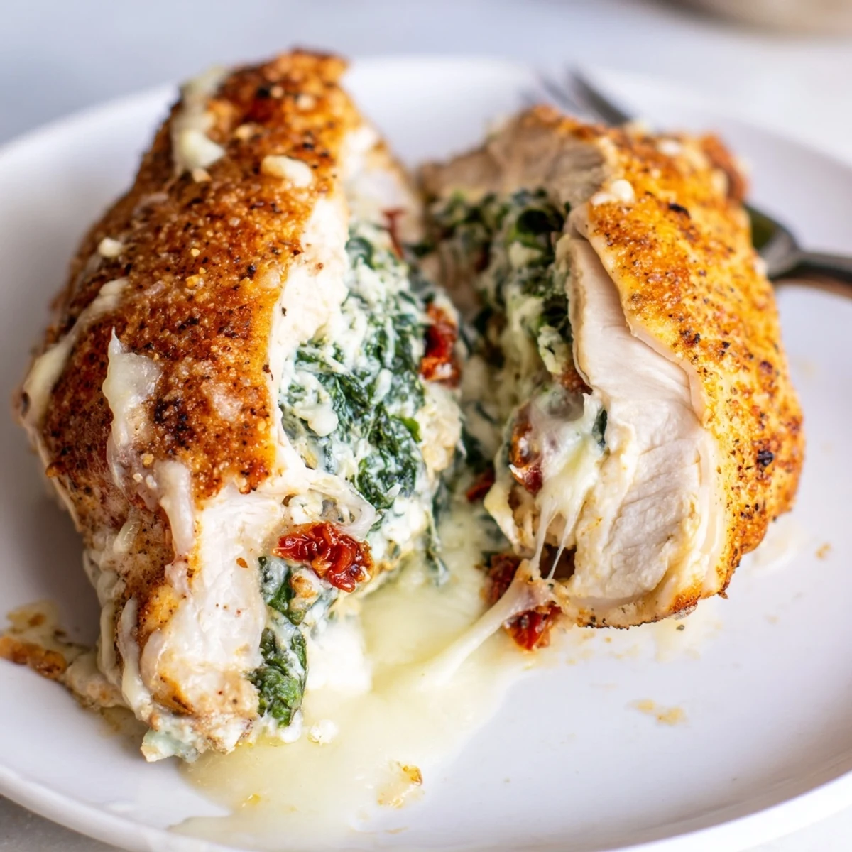 Golden roasted Cheesy Spinach Stuffed Chicken Sun Dried Tomato Flavor, oozing cheese