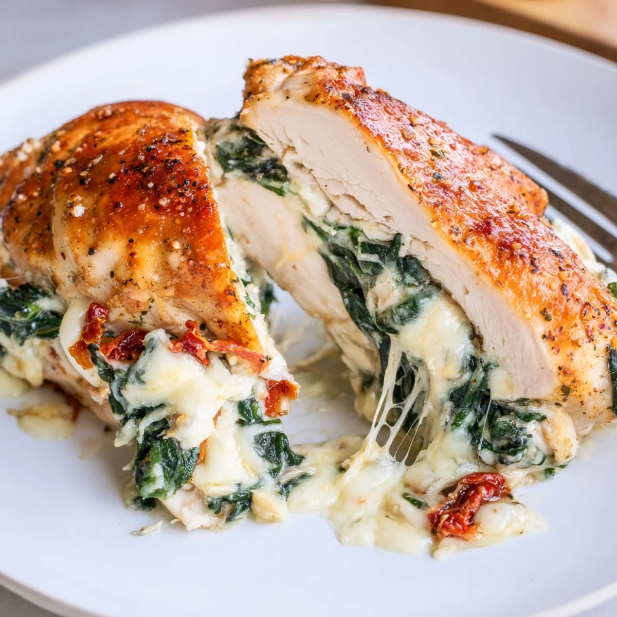 Pan-seared Cheesy Spinach Stuffed Chicken Sun Dried Tomato Flavor with aromatic herb crust