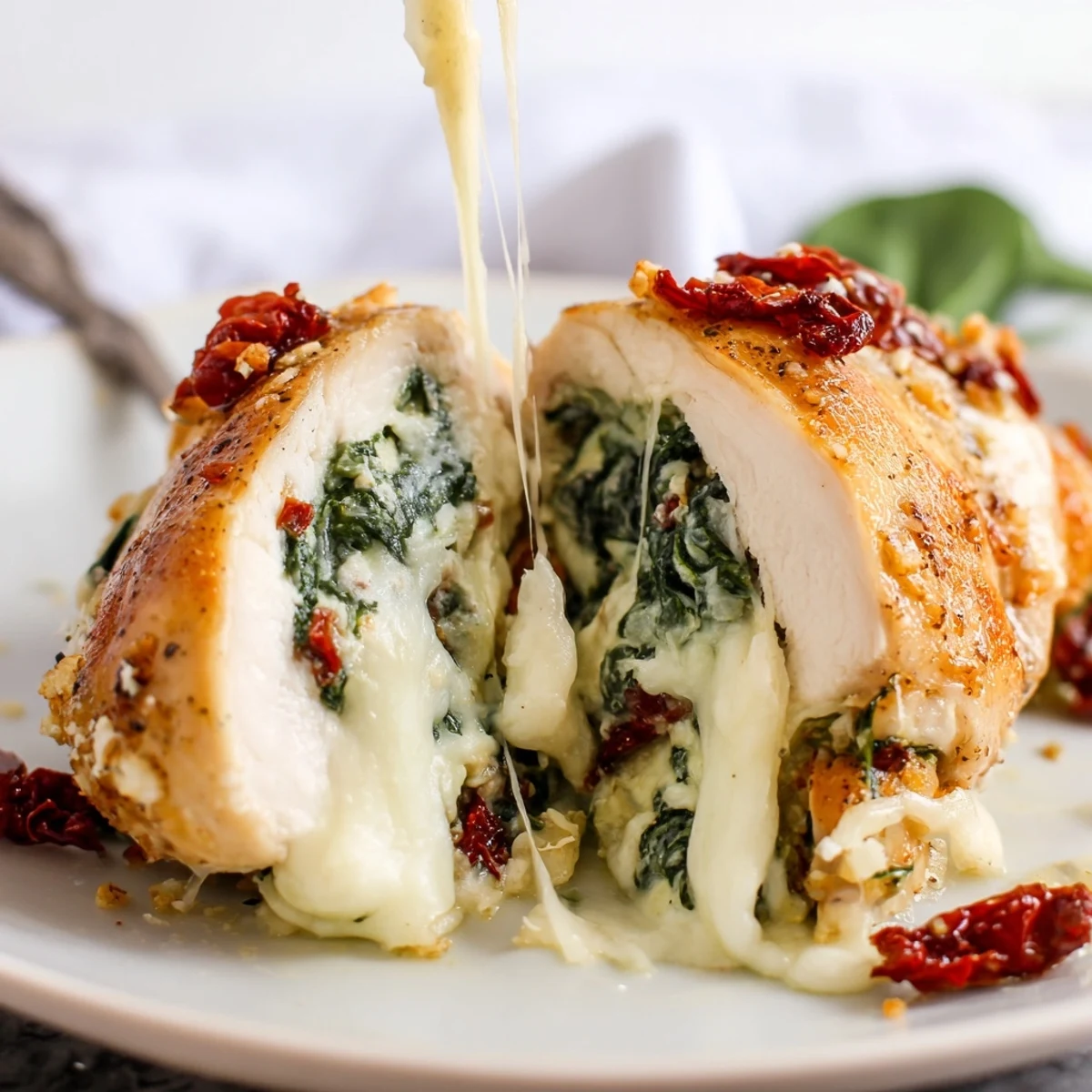 Sliced Cheesy Spinach Stuffed Chicken Sun Dried Tomato Flavor served atop crisp salad