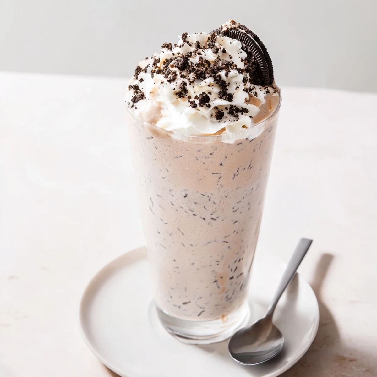 Creamy Cookies And Cream Protein Shake poured into tall glass, crushed cookies.  
