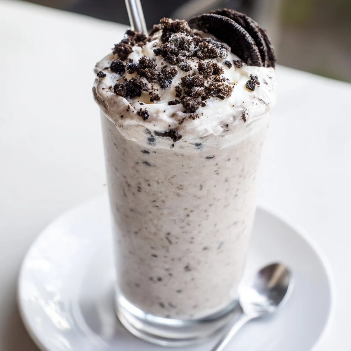 Post-workout Cookies And Cream Protein Shake with icy texture and cookie bits.  