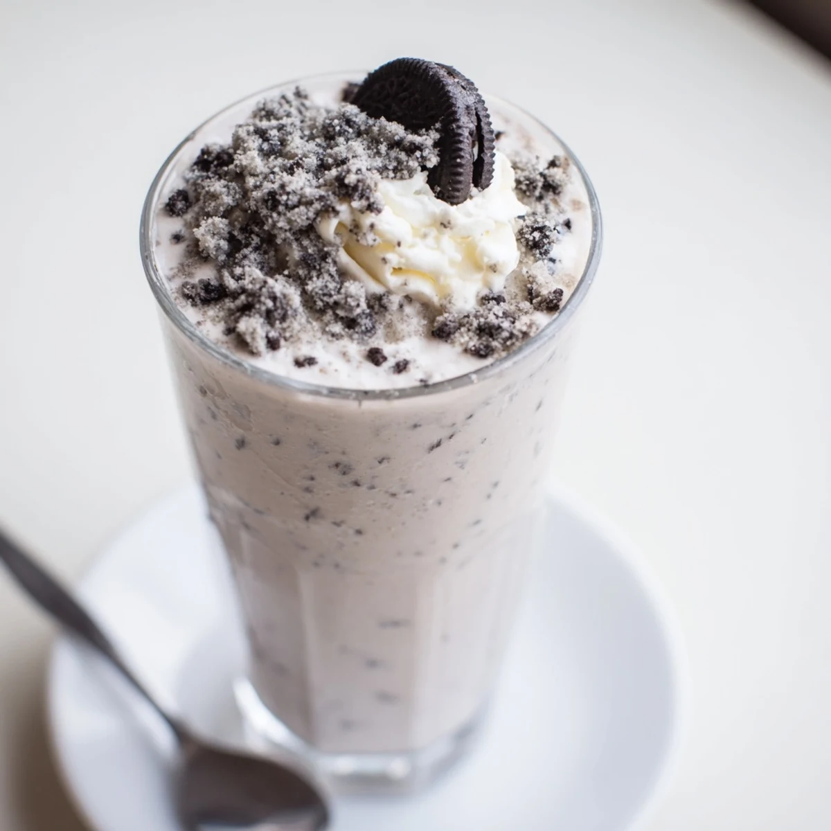 Thick Cookies And Cream Protein Shake topped with whipped cream and crumbs.