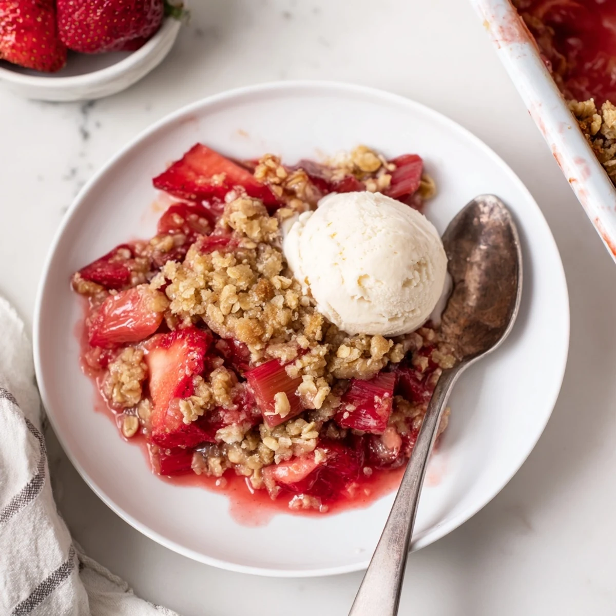 Warm Strawberry Rhubarb Crisp Recipe with bubbling fruit and golden oat topping