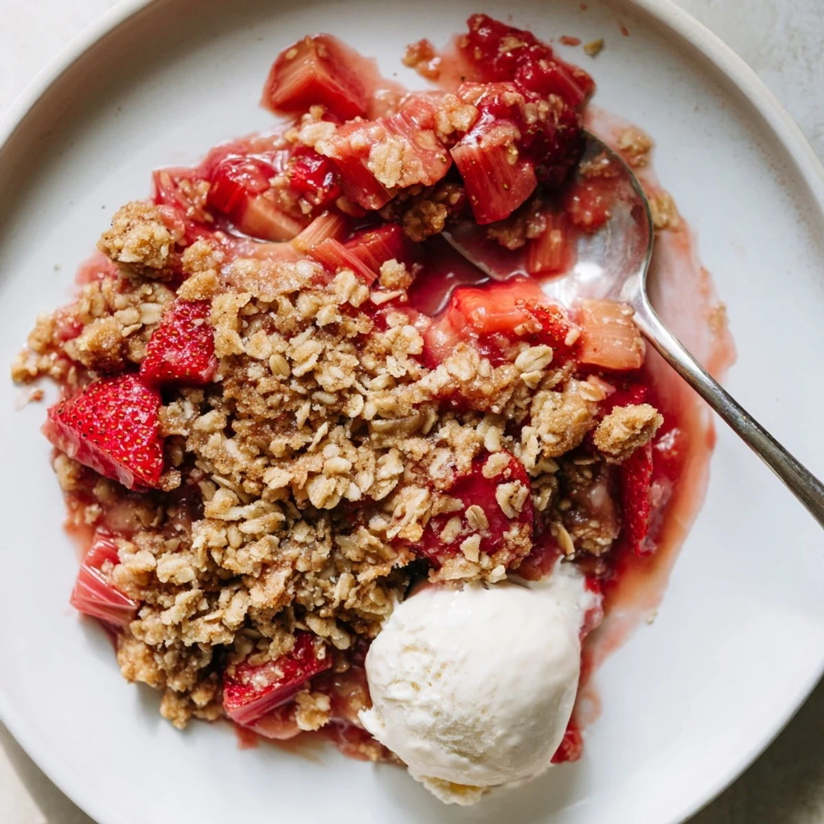 Oven-browned Strawberry Rhubarb Crisp Recipe served warm with melting vanilla ice cream