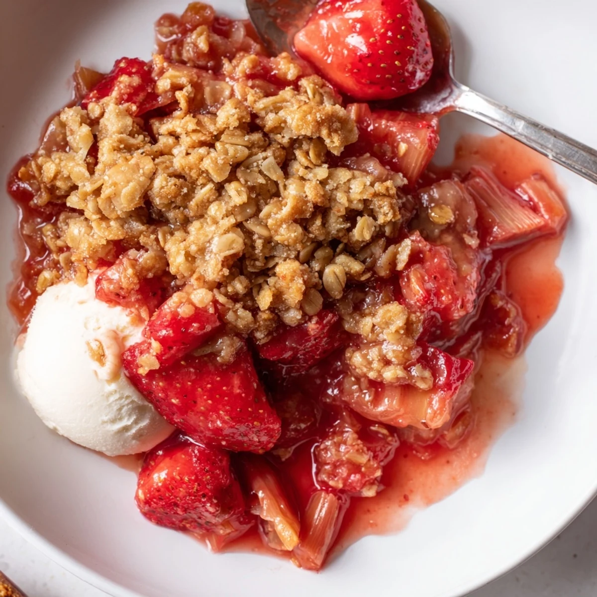 Rustic Strawberry Rhubarb Crisp Recipe bubbling ruby filling beneath crunchy buttery oat topping
