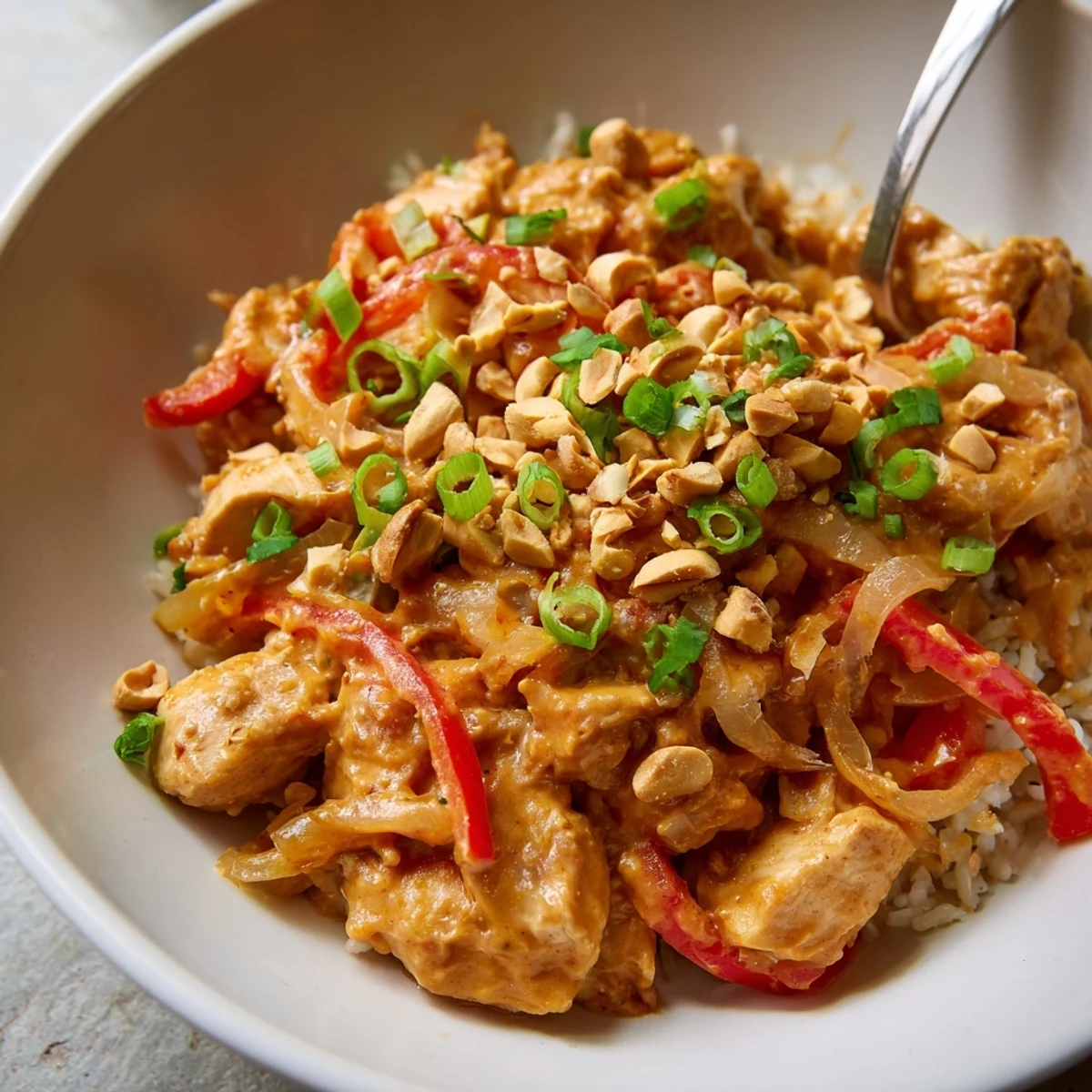 Slow-cooked Crockpot Thai Peanut Chicken in creamy sauce, sprinkled with crushed peanuts