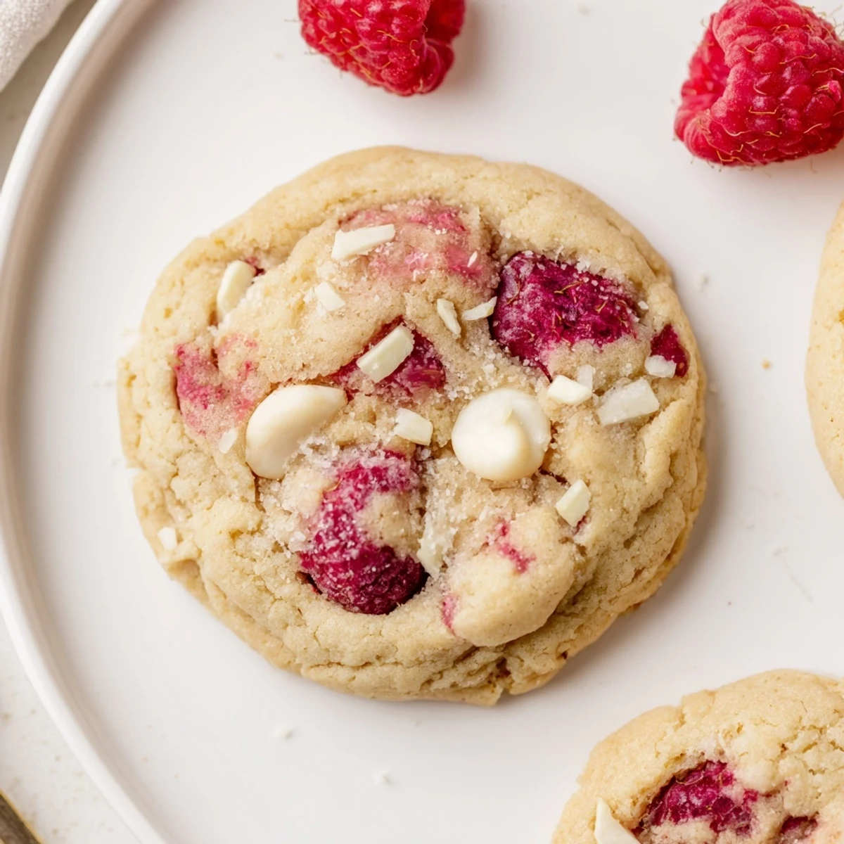 Plate of Chewy Lemon Raspberry Cookies with juicy raspberries and soft centers