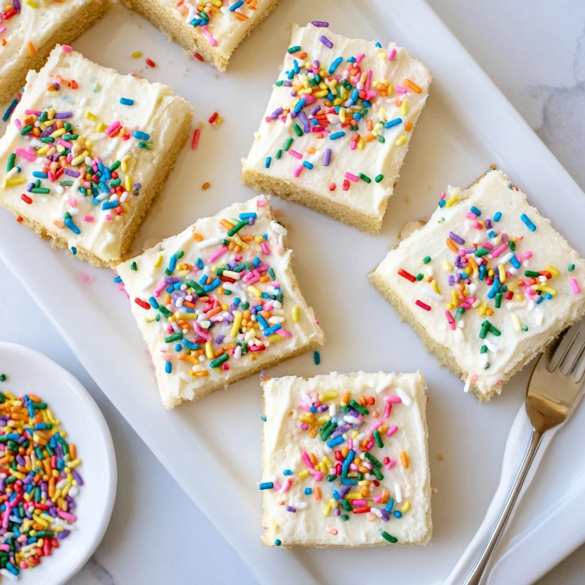 Soft frosted sugar cookie bars topped with colorful buttercream frosting and sprinkles on a white plate