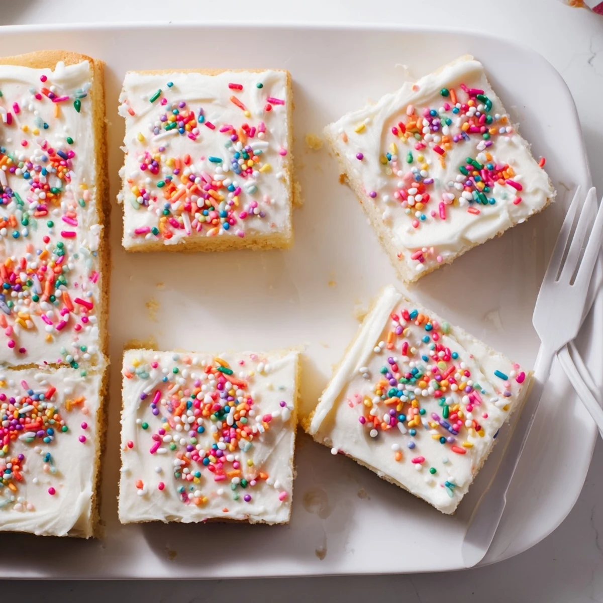 Homemade frosted sugar cookie bars cut into squares with swirls of pastel colored frosting