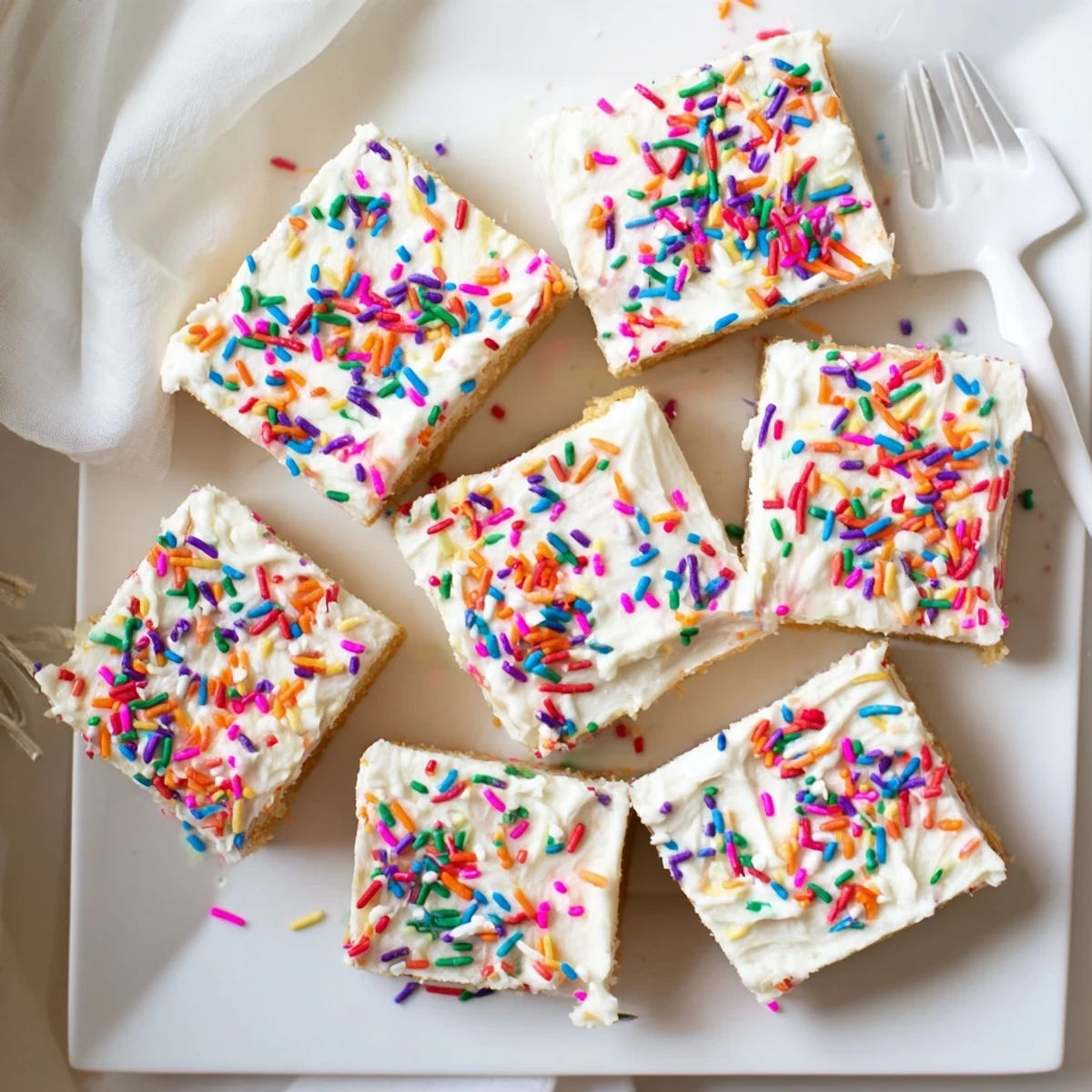 Golden sugar cookie bars spread with creamy vanilla frosting decorated with rainbow sprinkles for parties